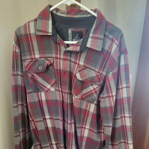 Prana, Large, red, gray, Flannel shirt.